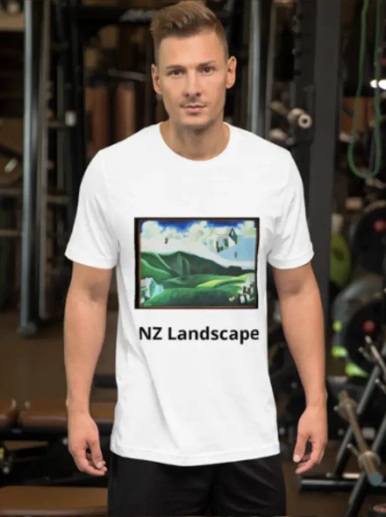 Unisex T Shirt NZ Land Scape. Famous NZ Painter Colin McCahon hills. Fly Cubist Flying Farm House.