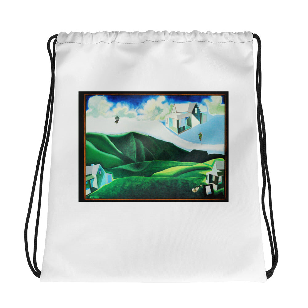 Printed Landscape Flying Cubist House carry bag.