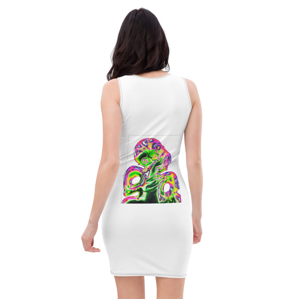 High Fashion tight fited White dress with printrd Tiki.