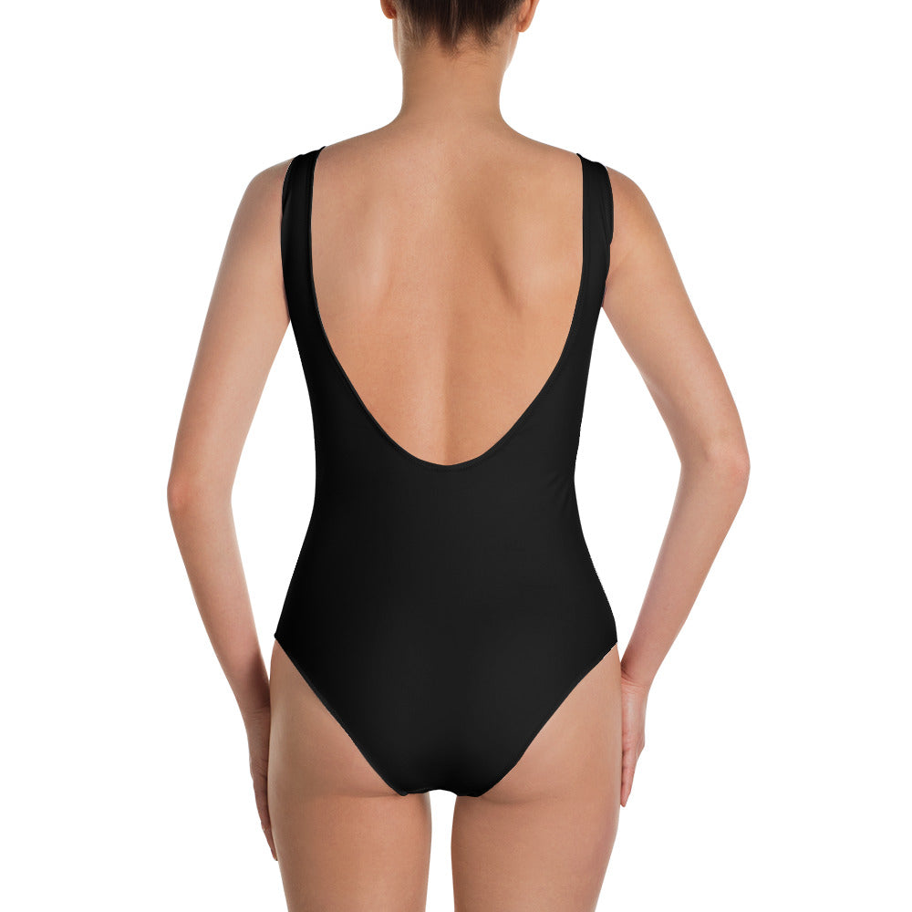 Blue & Black Cubist River Print One-Piece Swimsuit.