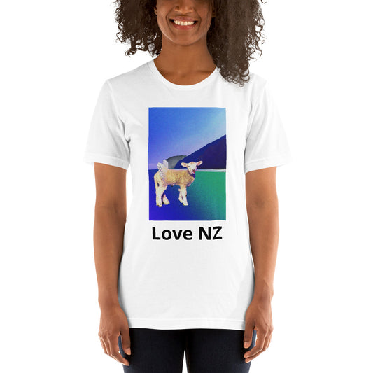 Love NZ with Bar Lamb Short-Sleeve Unisex T-Shirt Print.